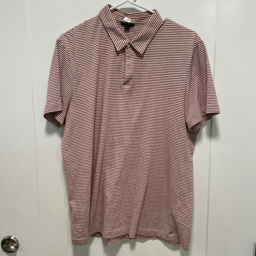 Theory Mens XL Burgundy Cream Striped Short Sleeve Cotton Blend Polo Shirt